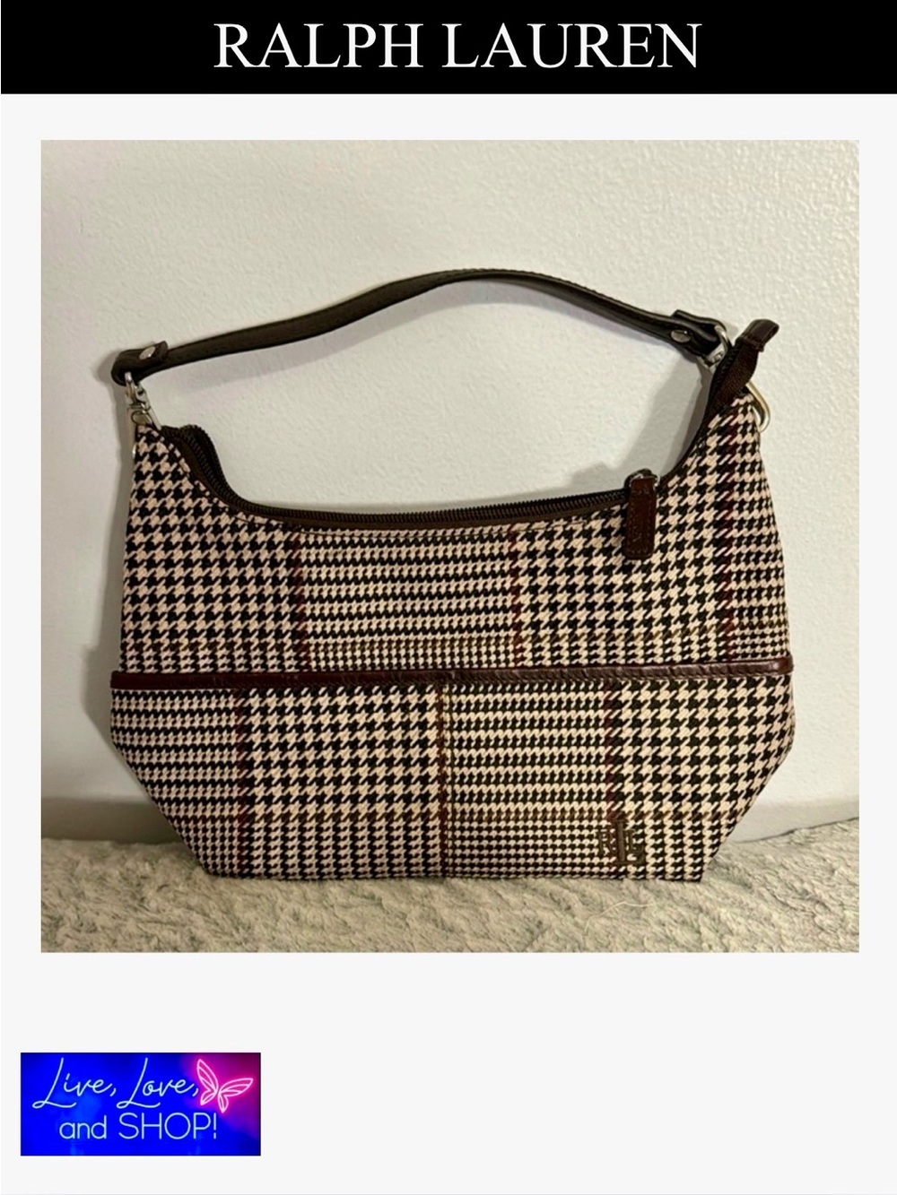 RALPH LAUREN Brown and Cream Houndstooth Handbag, EUC
